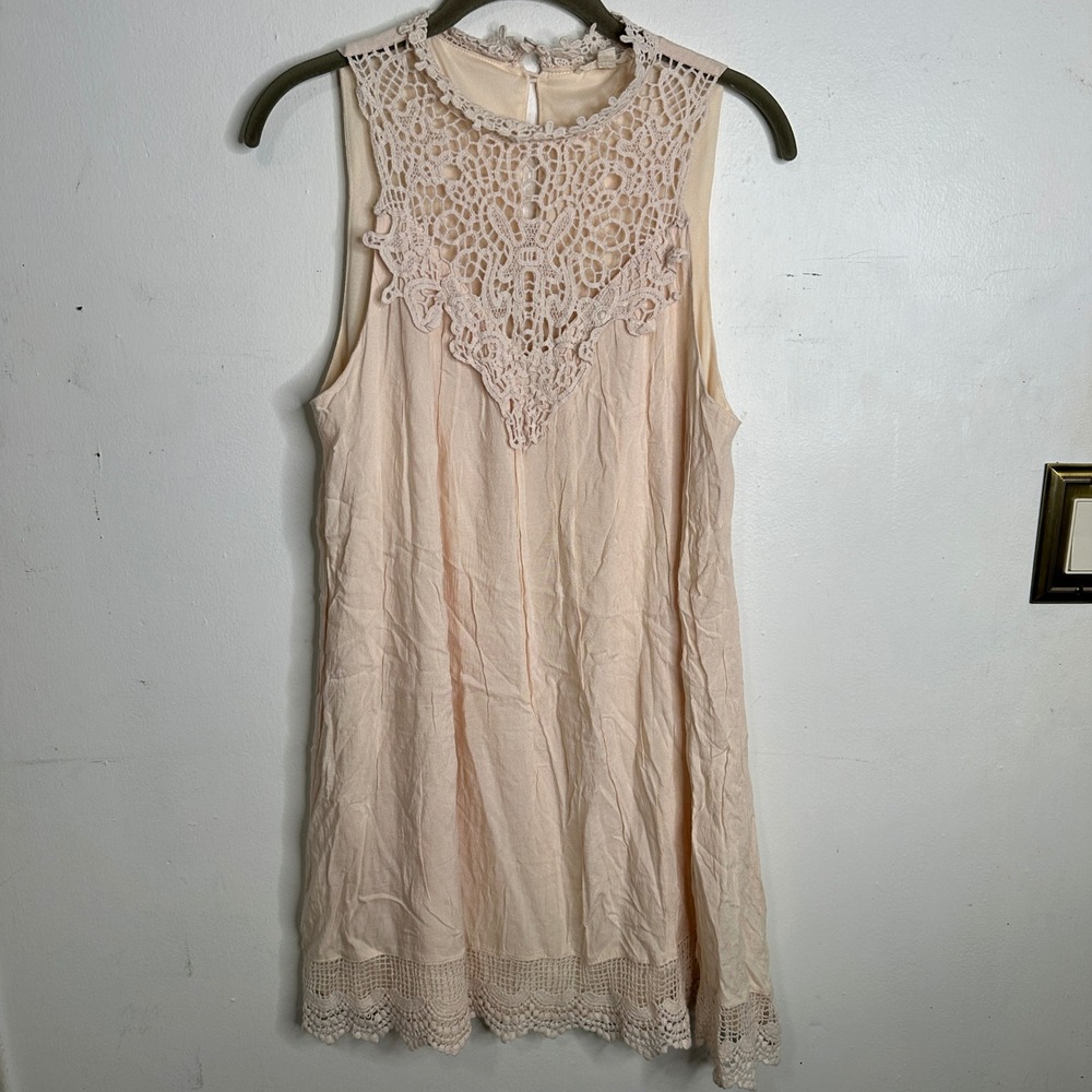 Entro Cream Crochet Lace Bib Sleeveless‎ Mini Dress Womens Medium Boho Shift